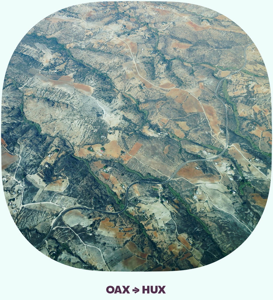 Mountains seen from an airplane window.