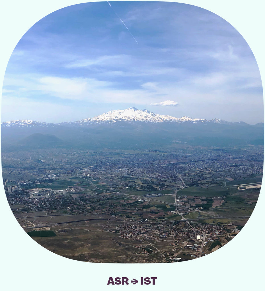 A landscape view with a snowy mountaintop in the distance