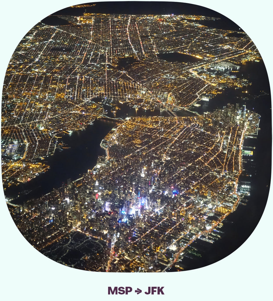 Lower Manhattan, lit up at night, from above