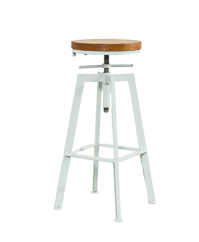 A high industrial-style bar stool with a height-adjustable, round wooden seat and a white metal frame. The stool features an exposed screw mechanism for adjusting the seat height, with a sturdy footrest integrated into the frame for added comfort.