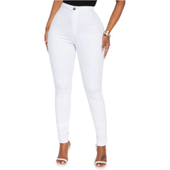 Yt Denim: Mock up image of white high-waisted denim jeans on model.