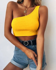 Aurora Women's One-Shoulder Crop Top in trendy yellow ribbed knit, perfect for date nights, club attire or nights out on the town