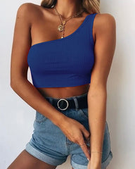 Aurora Women's One-Shoulder Crop Top in trendy blue ribbed knit, perfect for date nights, club attire or nights out on the town