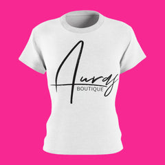 Auras Premium Branded T-Shirt: white T-Shirt with Auras Boutique logo in black.