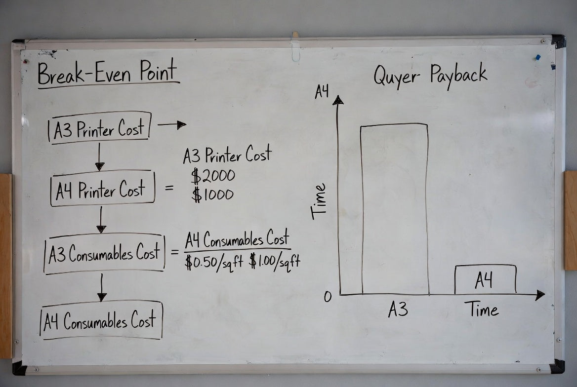 Chart showing how quickly an A3 DTF printer pays for itself compared to A4 consumable costs.