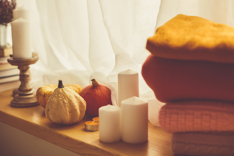 fall textures for home decor - candles and pumpkins