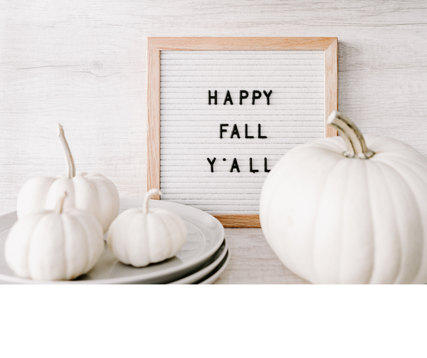 happy fall y'all sign with white pumpkins