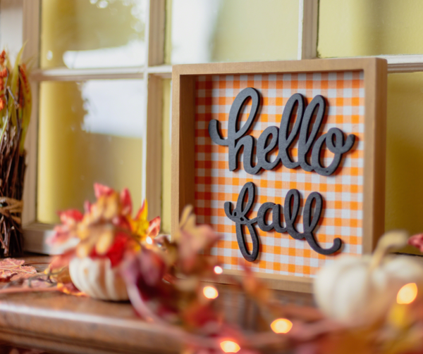 hello fall sign and fall decor for cozy home