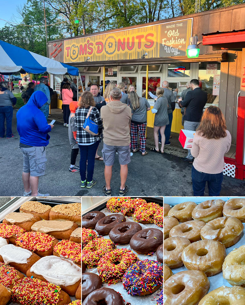 Photos of Tom's Donuts Original shop and food.