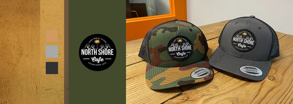 Patch hats at Salty Printing for North Shore Cafe