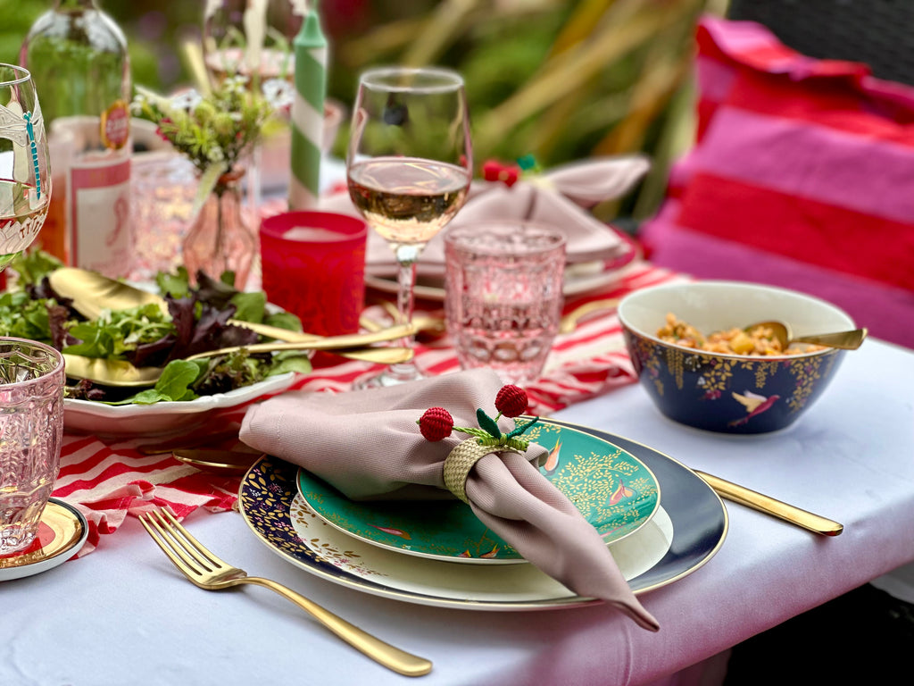 The Fine Cotton Company's table linen in lunchtime al fresco dining tablescape