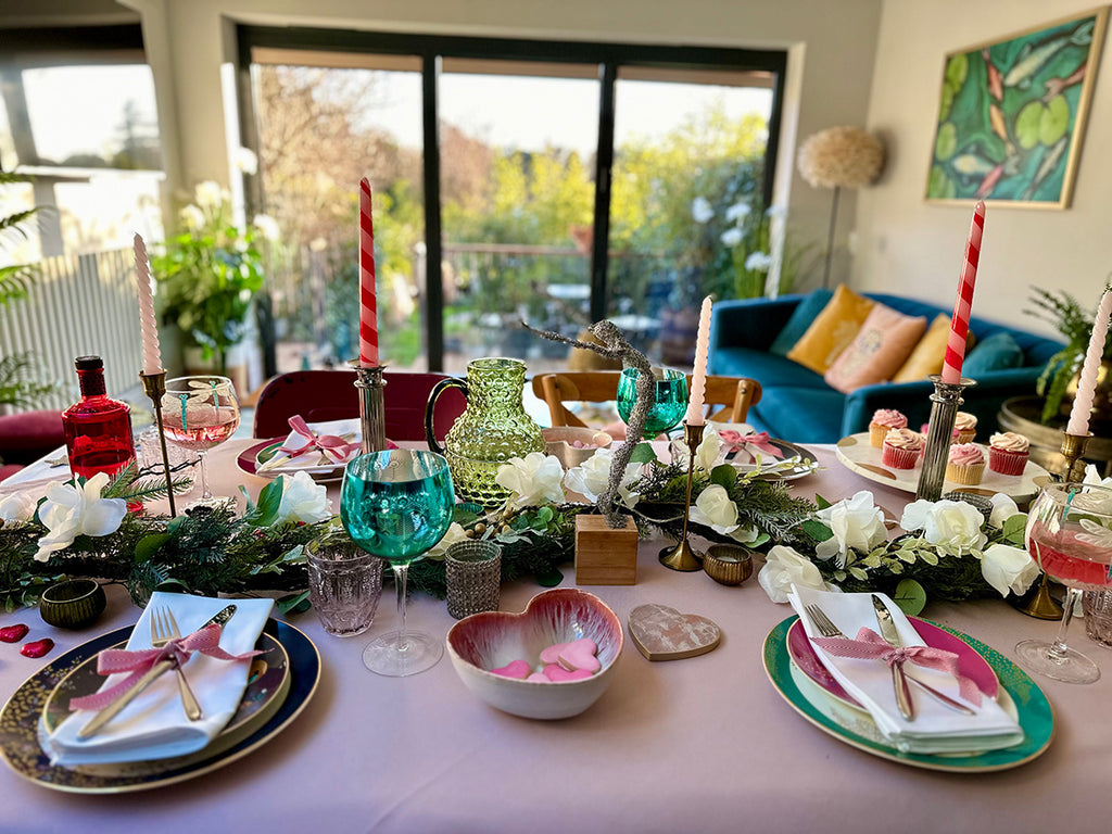 Elegant Valentine's Day table setting with Mikado table linen by The Fine Cotton Company