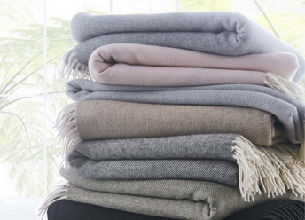 Pure Wool Blankets, soft, merino wool blankets, Contract quality blankets in blue, grey, pink, gold, green, beige, latte - made in the Btitish Isles