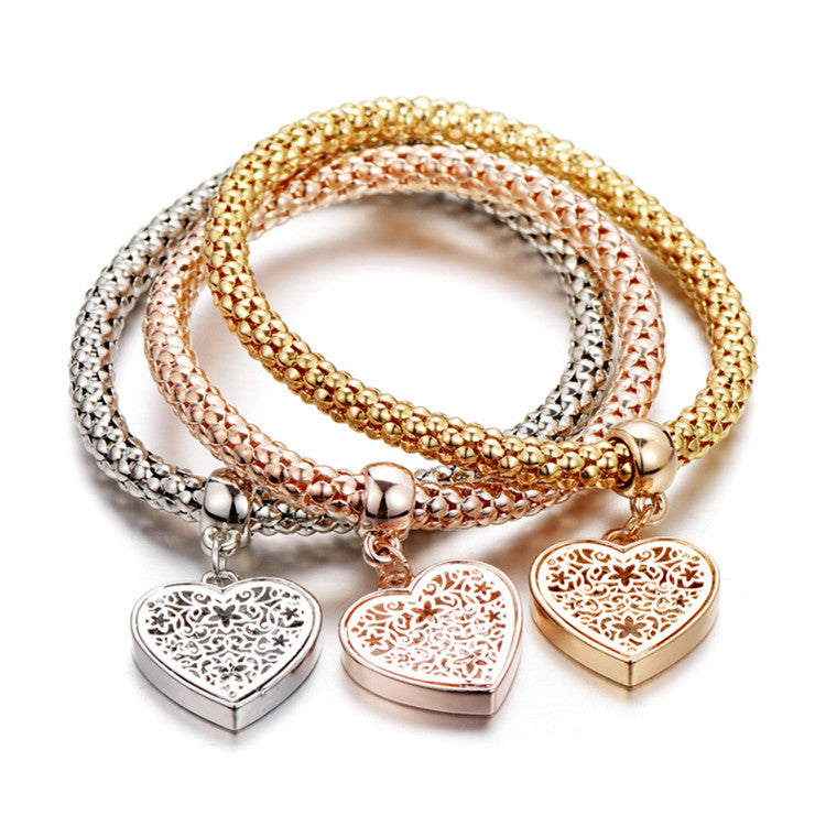 3PC Set Toned Diamond Cut Heart Loe in Heart Bracelet Set - GEMLUNA product image