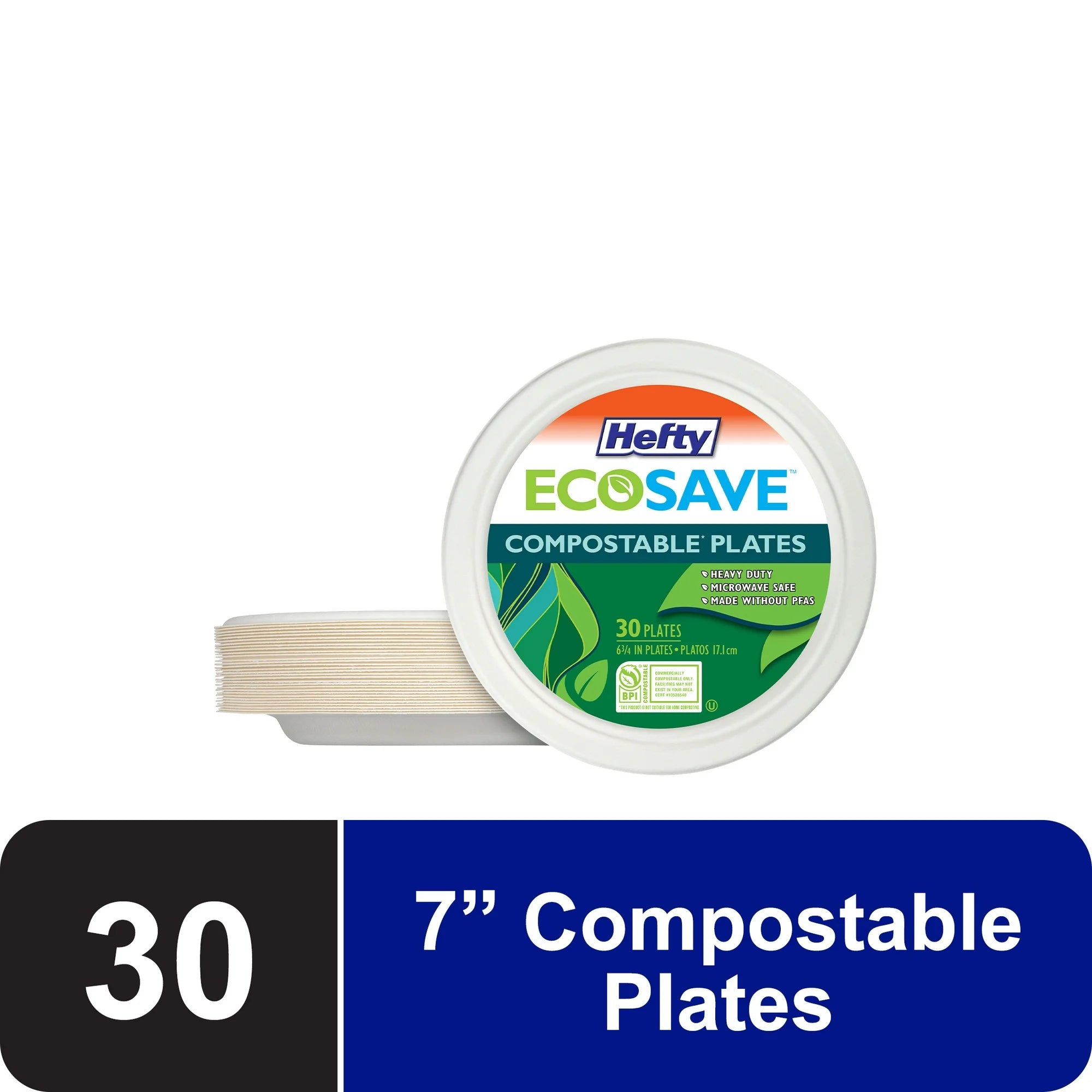 Hefty ECOSAVE Compostable Paper Plates, 6 3/4 inch, 30 Count