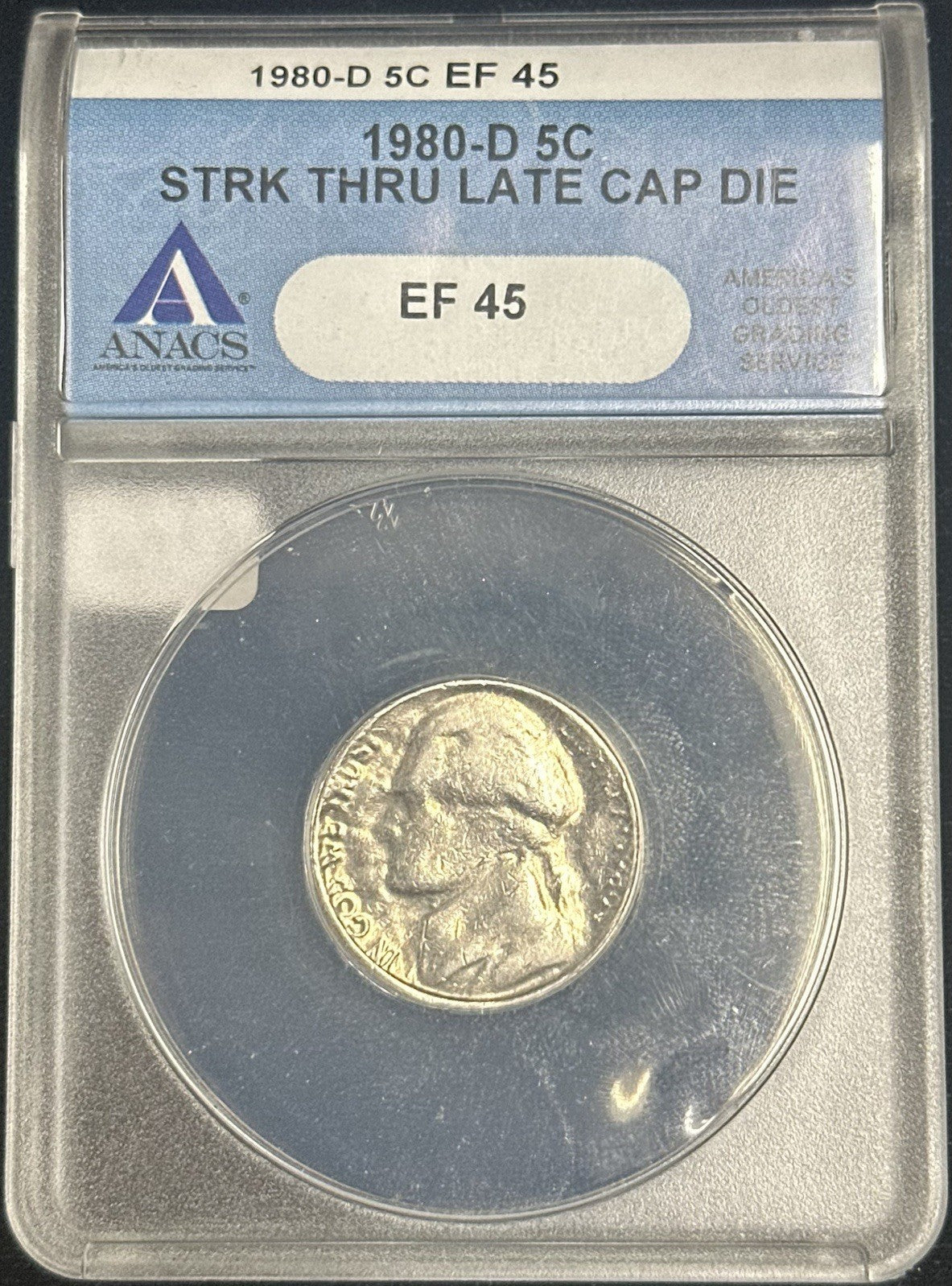 1980 D Jefferson Nickel ERROR Struck Through Late Cap Die ANACS EF45 - JP68