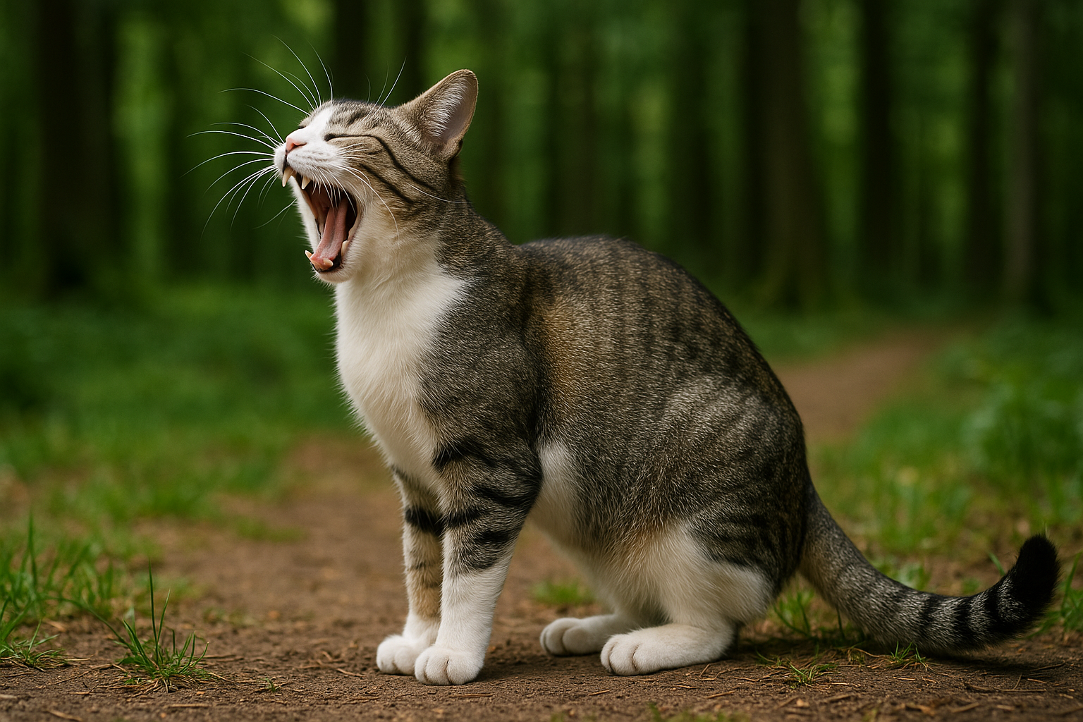 Chat tigré en train de bâiller au milieu d’un chemin forestier – Litière Pacha