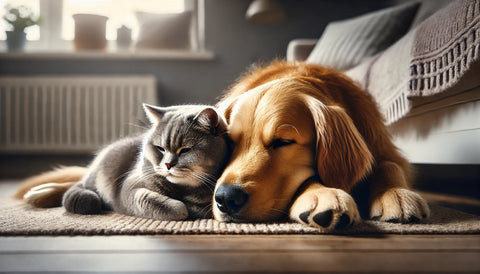 Chat britannique et chien golden retriever blottis ensemble dans un intérieur calme - Litière Pacha