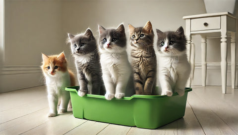 Cinq chatons de différentes couleurs dans une litière verte - Litière Pacha