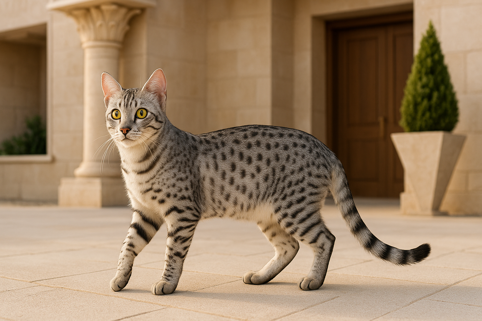 Chat Egyptian Mau devant une maison moderne d’inspiration égyptienne — allure majestueuse et élégance naturelle avec Litière Pacha