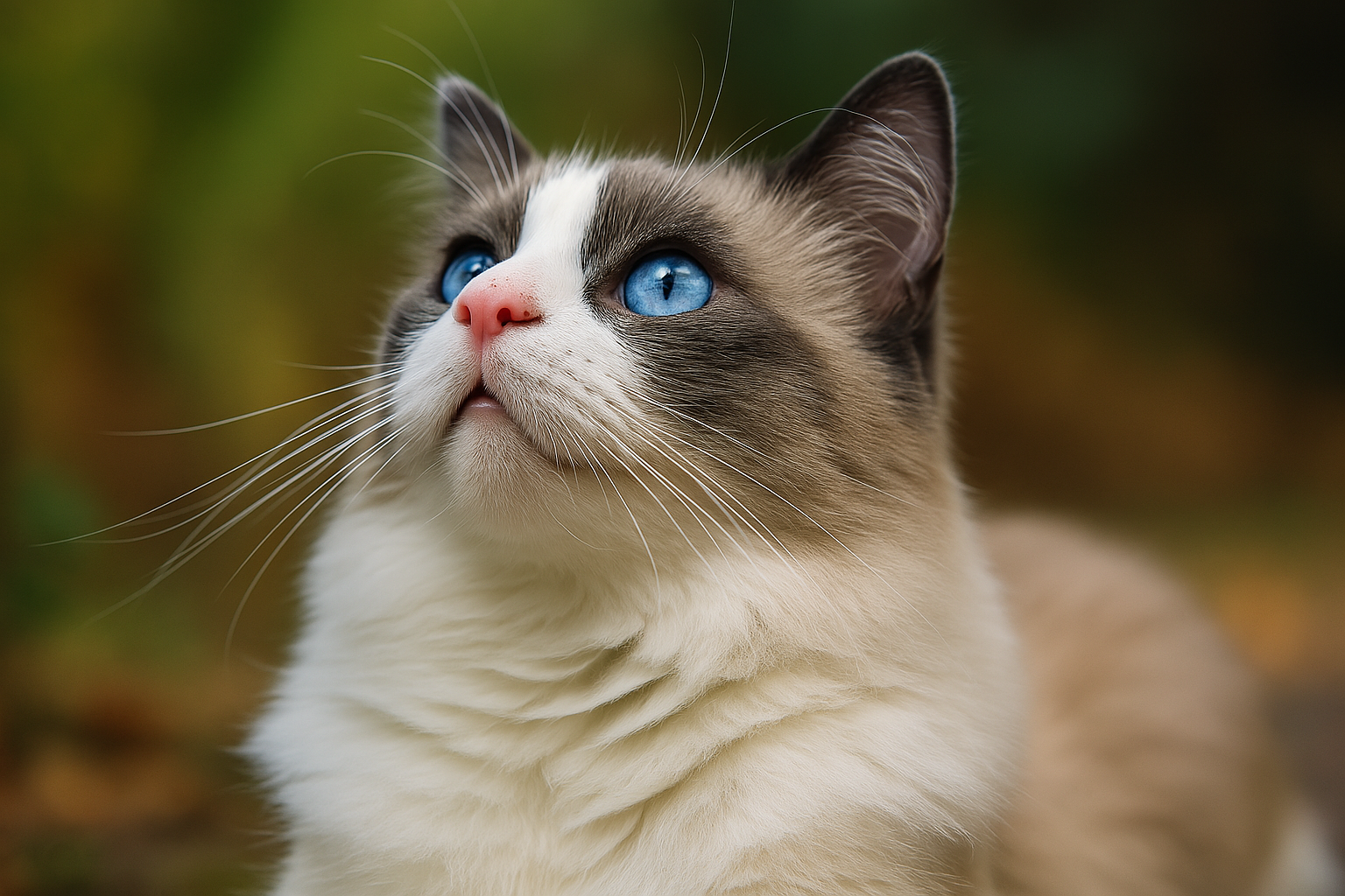 Chat Ragdoll aux yeux bleus regardant vers le ciel, avec un fond flou naturel en extérieur - Litière Pacha