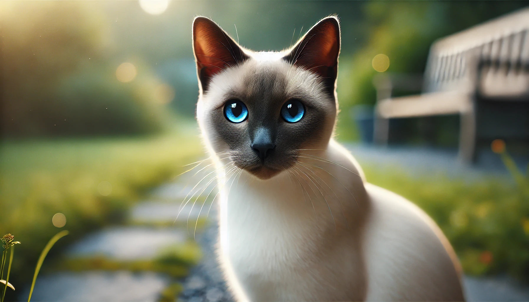 Chat Siamois au pelage crème et aux yeux bleus perçants, posé dans un cadre naturel avec une lumière douce – Litière Pacha.