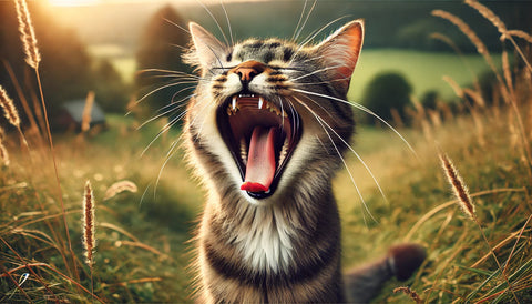 Chat tigré en plein bâillement dans un cadre naturel, capturé avec des détails précis et une lumière douce dans un environnement herbeux. Litière Pacha.