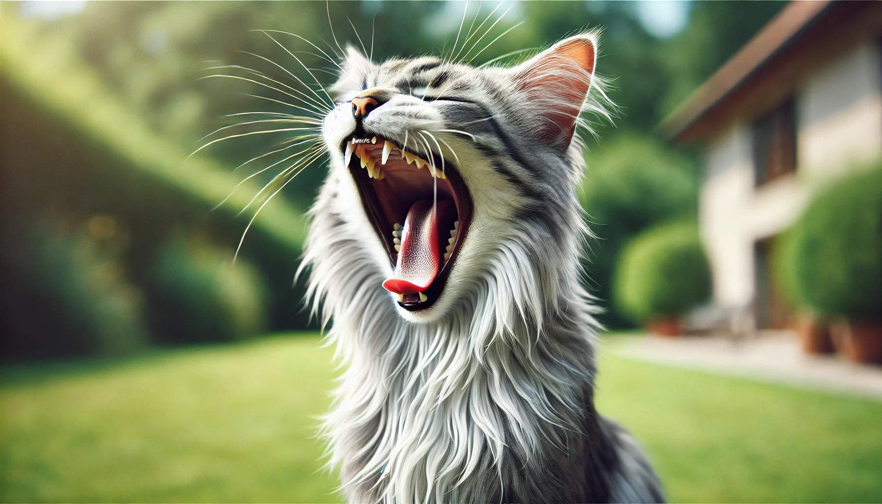 Chat hybride de Chypre en train de bâiller, montrant ses dents et ses longues moustaches dans un jardin verdoyant – Litière Pacha.