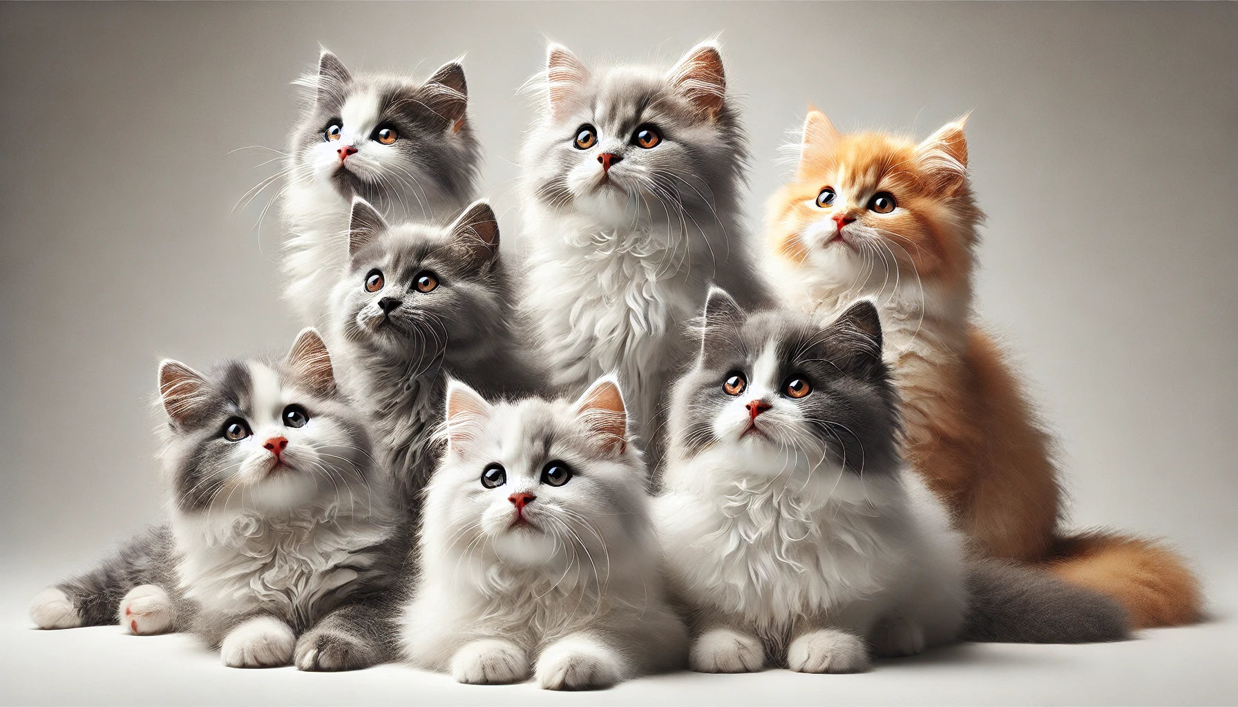 Un groupe de six chatons moelleux de différentes couleurs, dont gris, blanc et orange, posant ensemble sur un fond blanc. Certains regardent curieusement vers le haut, tandis qu’un autre est allongé en mode jeu. Litière Pacha.