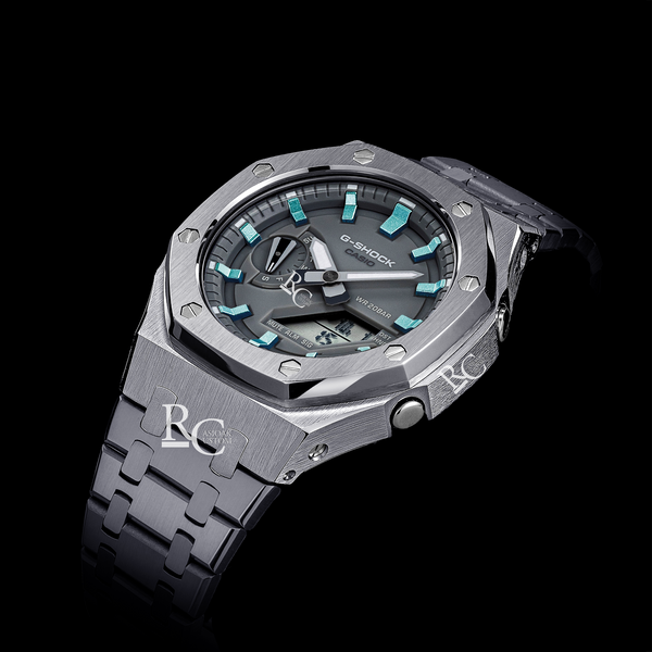 Gshock CasiOak Silver - Grey face (Steel & Ice Blue Time Markers ...