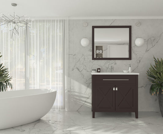 Laviva - Wimbledon 36" Brown Bathroom Vanity with Matte White VIVA Stone Solid Surface Countertop | 313YG319-36B-MW