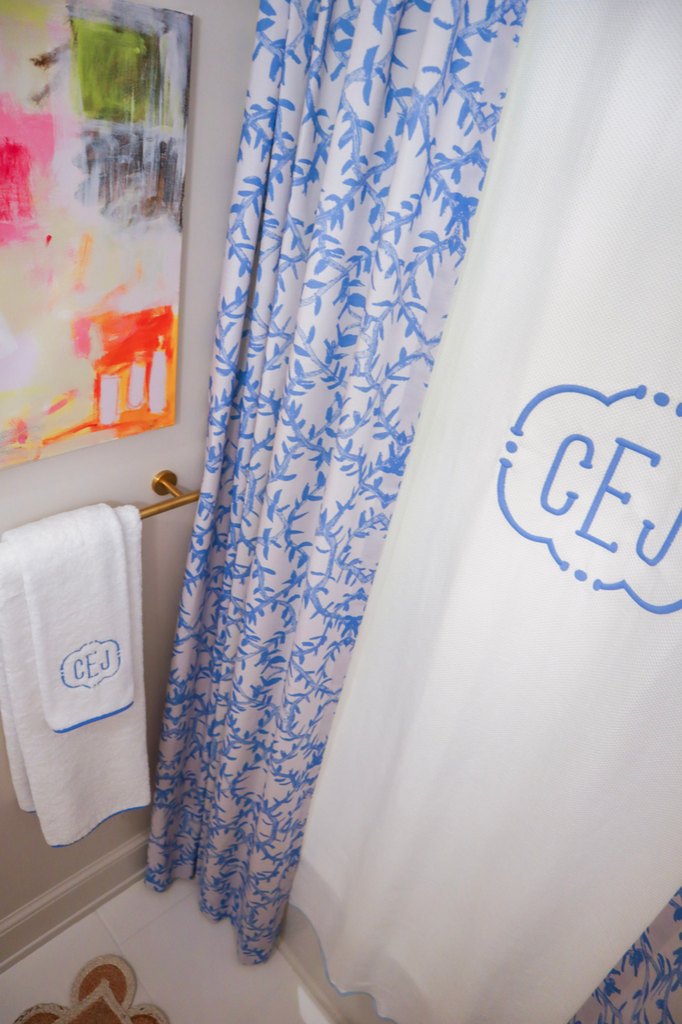 Close up of Erin's fabric in Charli's bathroom