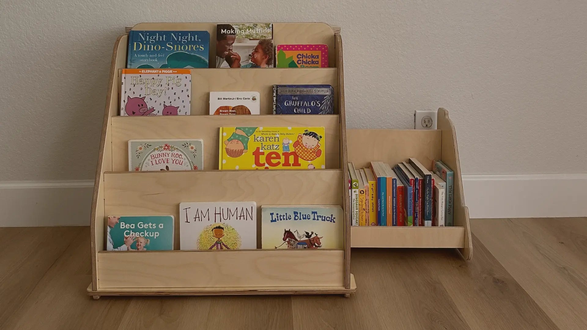 Montessori bookshelf featuring a hidden side drawer for extra storage