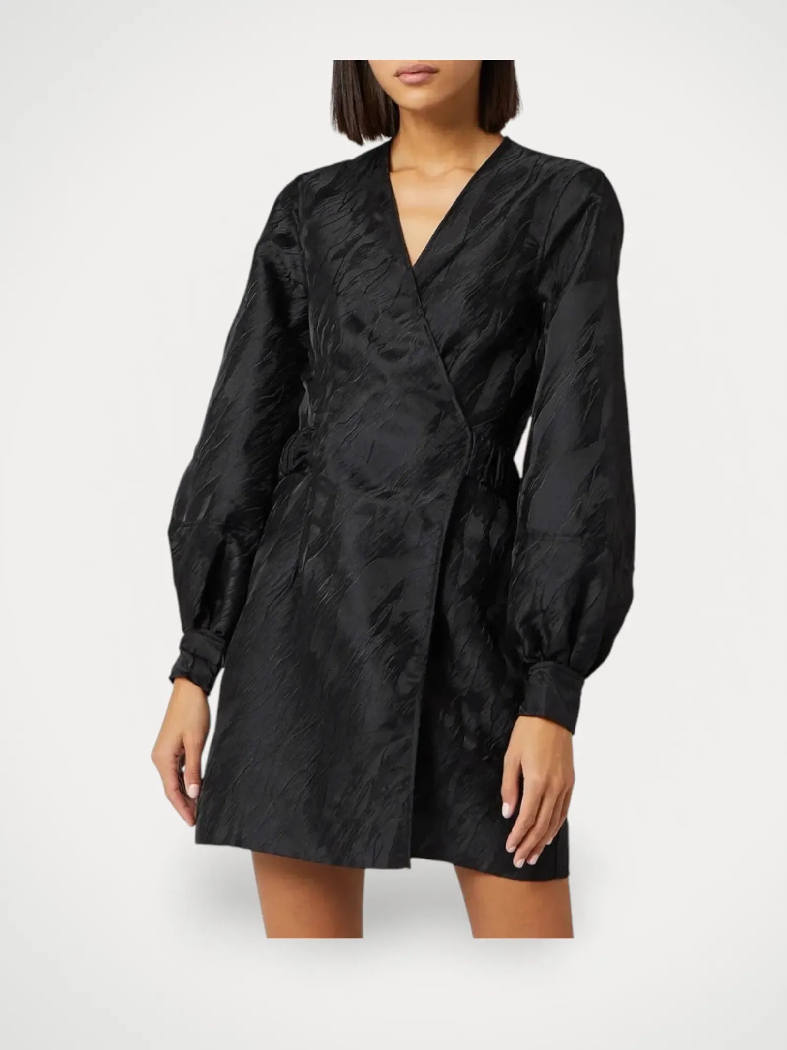 image of Ganni Black Satin Jacquard Mini Wrap-klänning