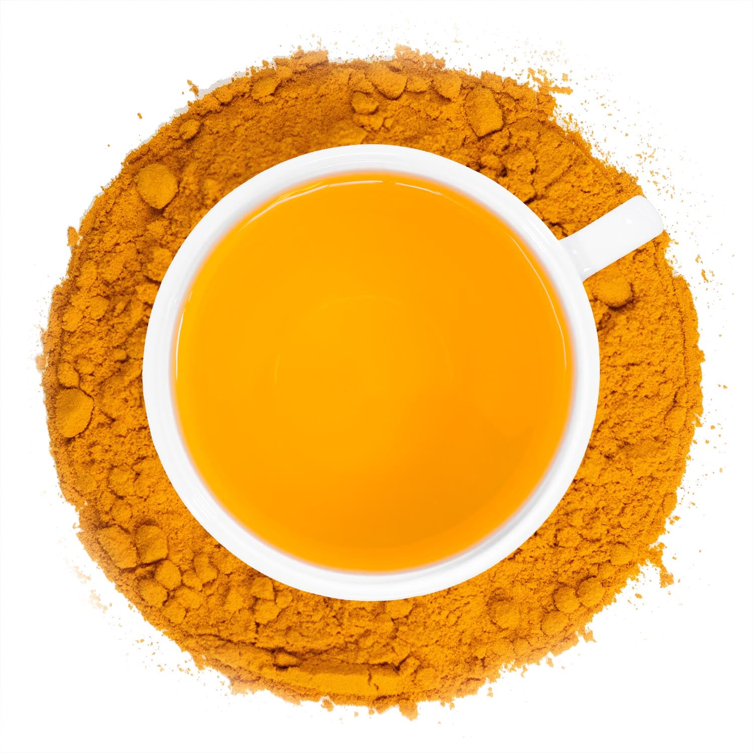 cup of turmeric tea surrounded by turmeric powder