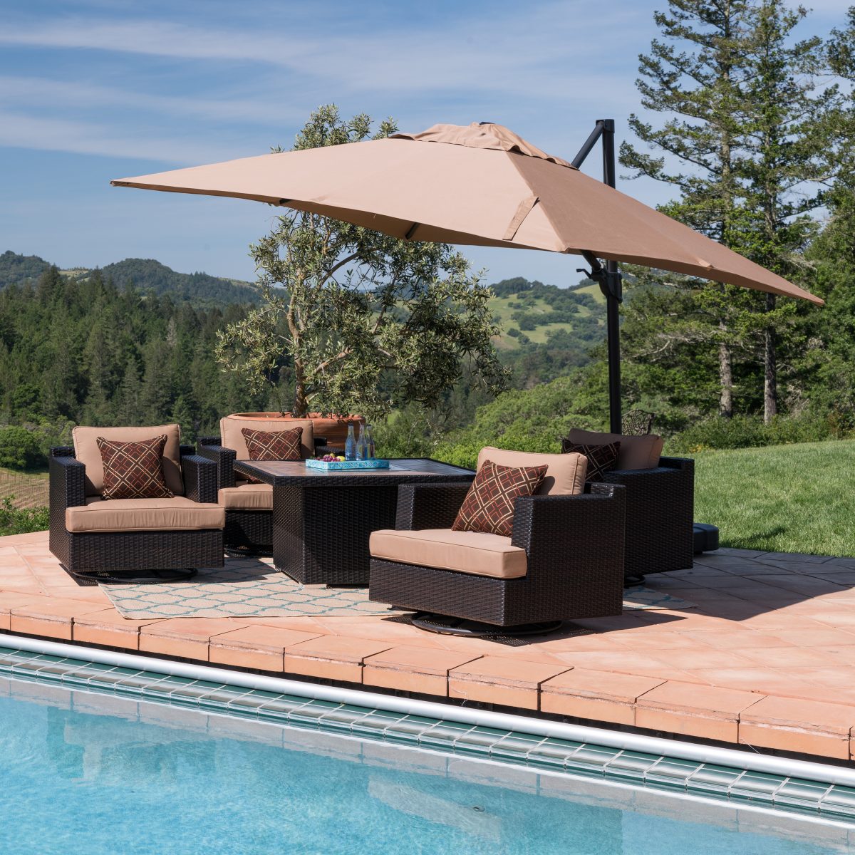 Matching Umbrellas to Patio /></p>
<p>After you’ve squared away all the logistical details, choose an umbrella that best speaks to your sense of style. Patio umbrellas round out an outdoor seating area with grace and balance. Select a color that borrows from the seat cushions of your patio set or choose an umbrella base that matches the materials woven into your outdoor design.</p>
<p>A wooden pole blends with a country-inspired look, for example, while a metallic, aluminum or stainless steel fits into a sleep, modern layout. Go a step further by choosing a modern selection with ambient LED lights for evenings outside, such as the Starsong Borealis 9-Foot 30 LED Garden Umbrella .</p>
<p>As with any other patio purchase, large outdoor patio umbrellas should further bring your outdoor dining and seating area to life, welcoming everyone to gather and chat on a sunny day. Check out Starsong’s patio furniture buying guide and see what pieces you can add to your space to go with your new patio umbrella.</p>