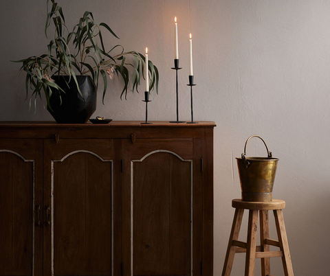 Vintage Wooden Sideboard with Candlestands and Stool