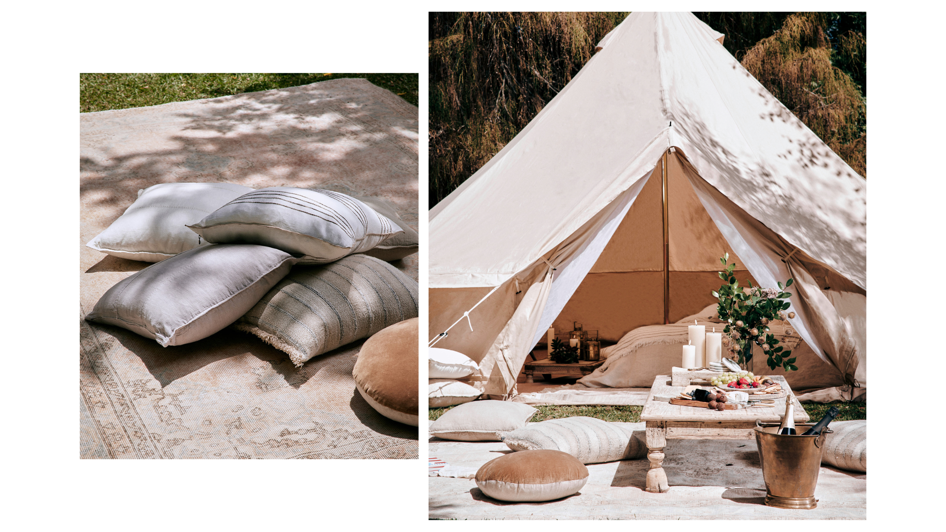 An outdoor vintage washed rug out the front of bell tent for glamping