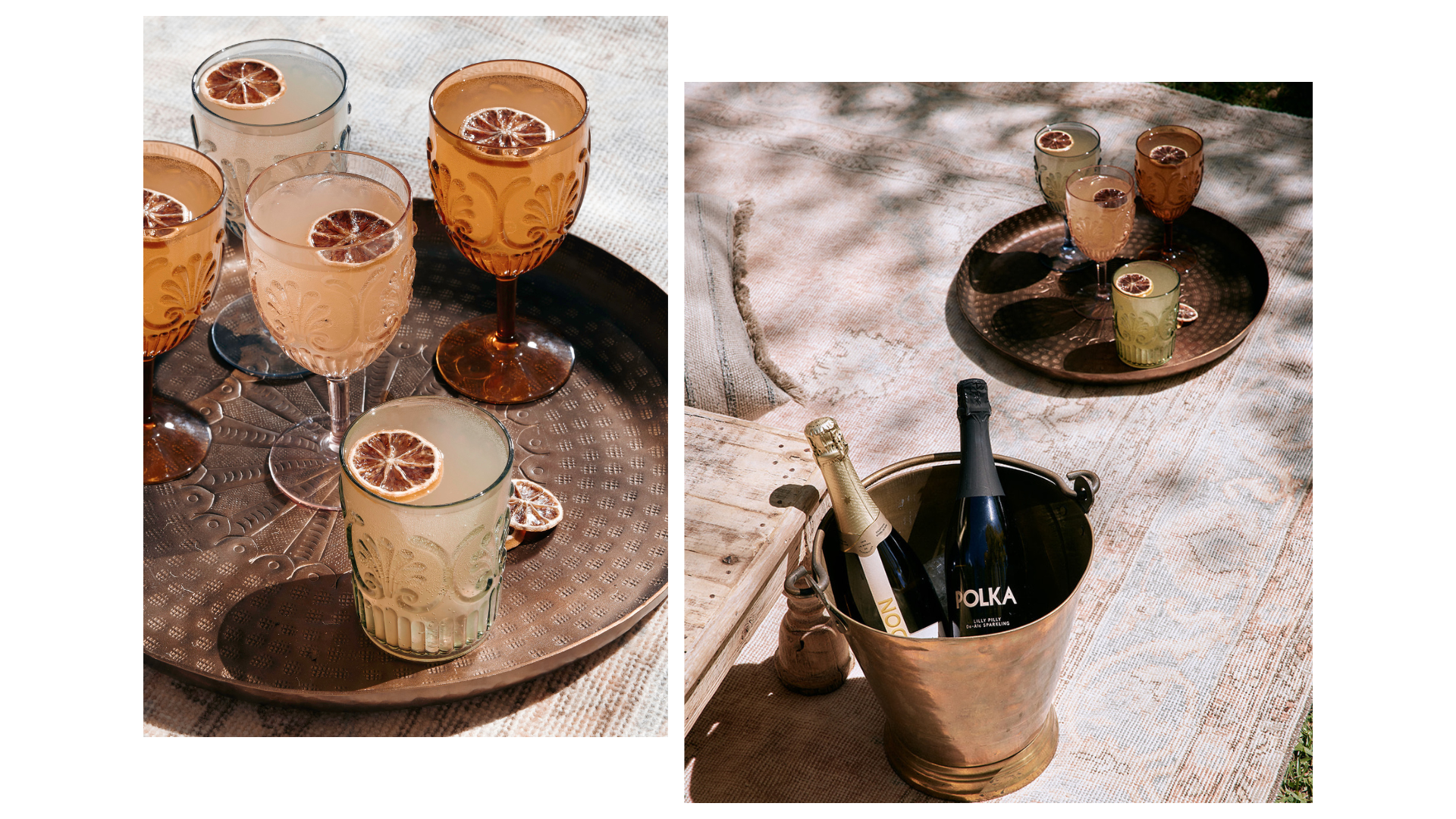 Acrylic outdoor wine glasses and brass antique wine bucket with bubbly for outdoor picnic