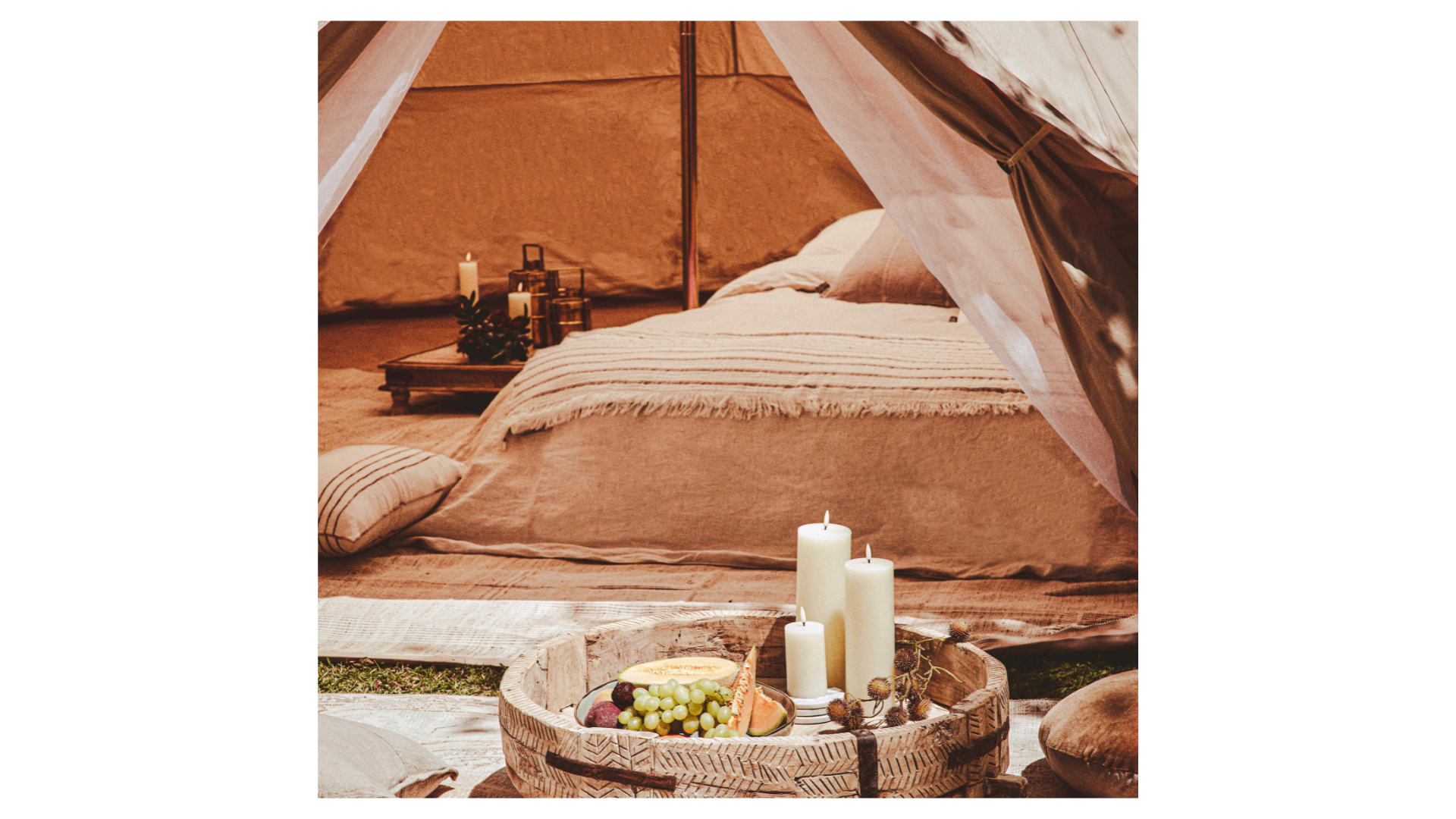 Mattress in Glamping Bell Tent with Beautiful Linen and Bedding