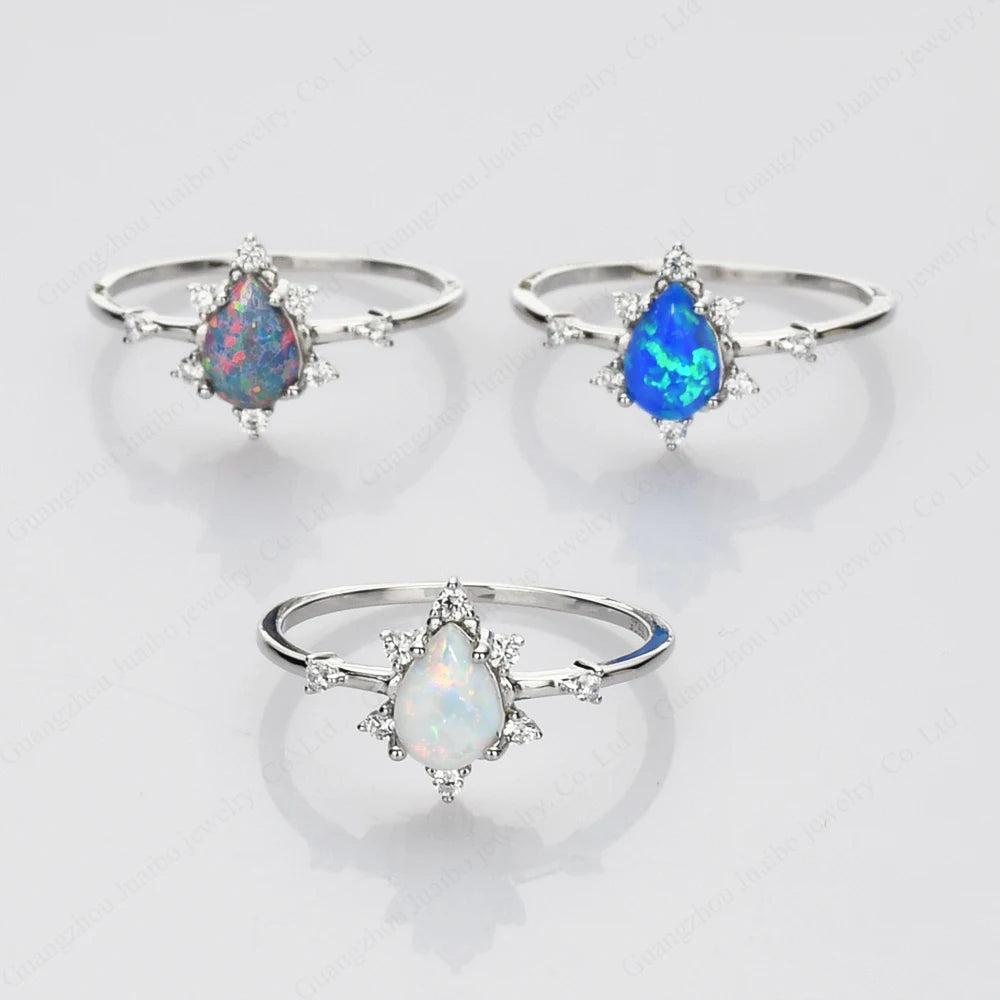 Women luxury rainbow flake synthetic blue white black opal stone rings