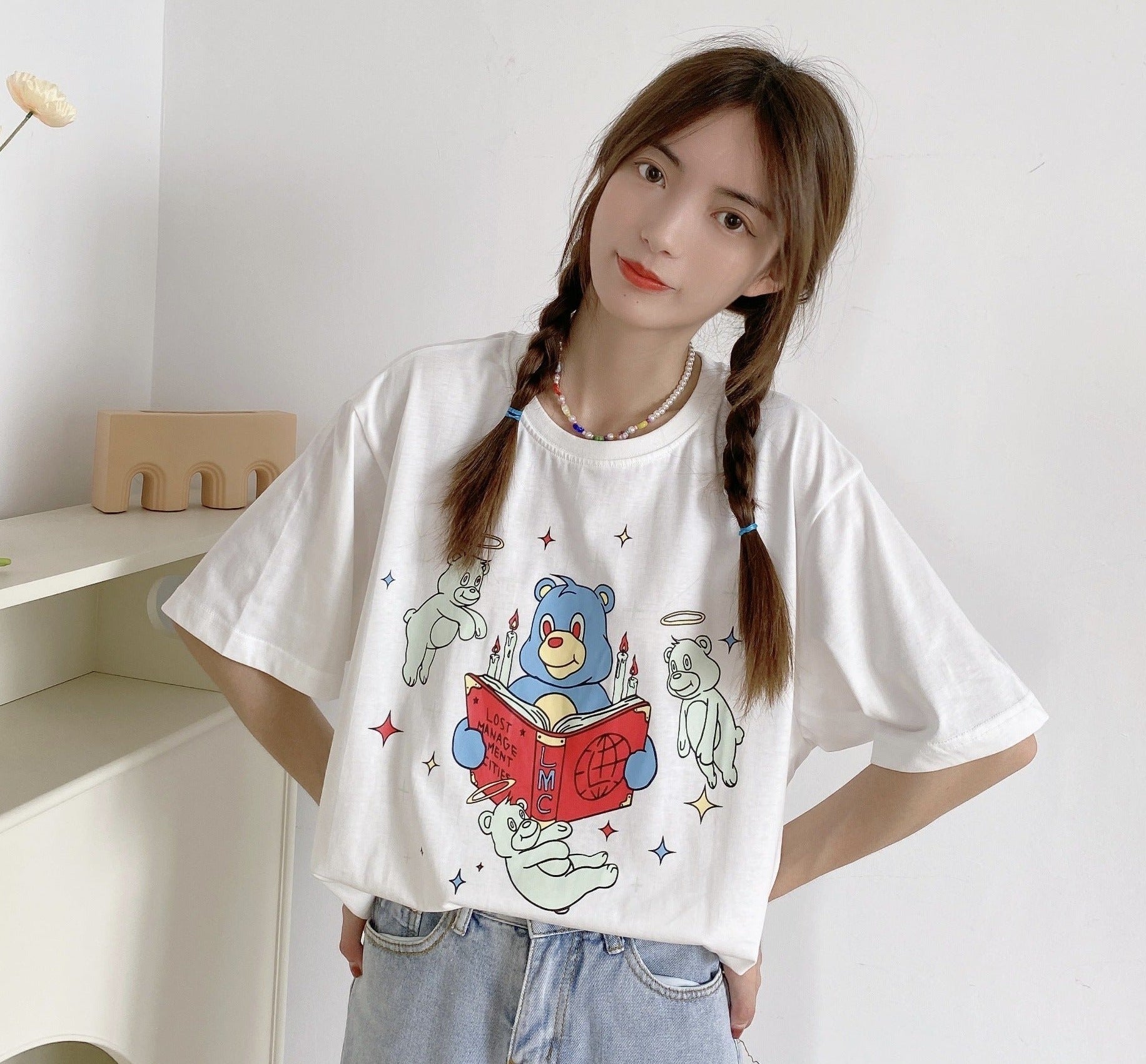 Enhyphen Heeseung Inspired White Loose T-Shirt With Bear Print – unnielooks