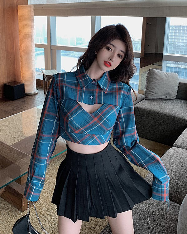 Blackpink Lisa-Inspired Blue Plaid Two-Piece Cropped Top – unnielooks