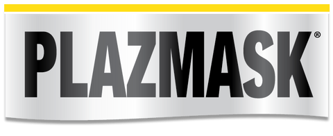 The PlazMask logo. The logo is a shiny, silver ribbon with a yellow band across the top. The word "PLAZMASK®" is written in big black letters. 