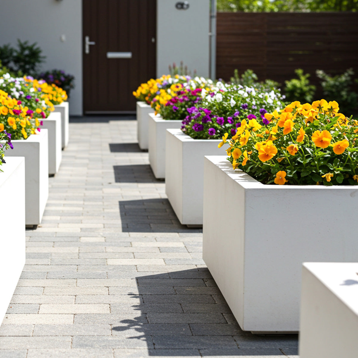 Modern walkway lined with large white planters bursting with colorful flowers, creating a vibrant and inviting path to the front door.