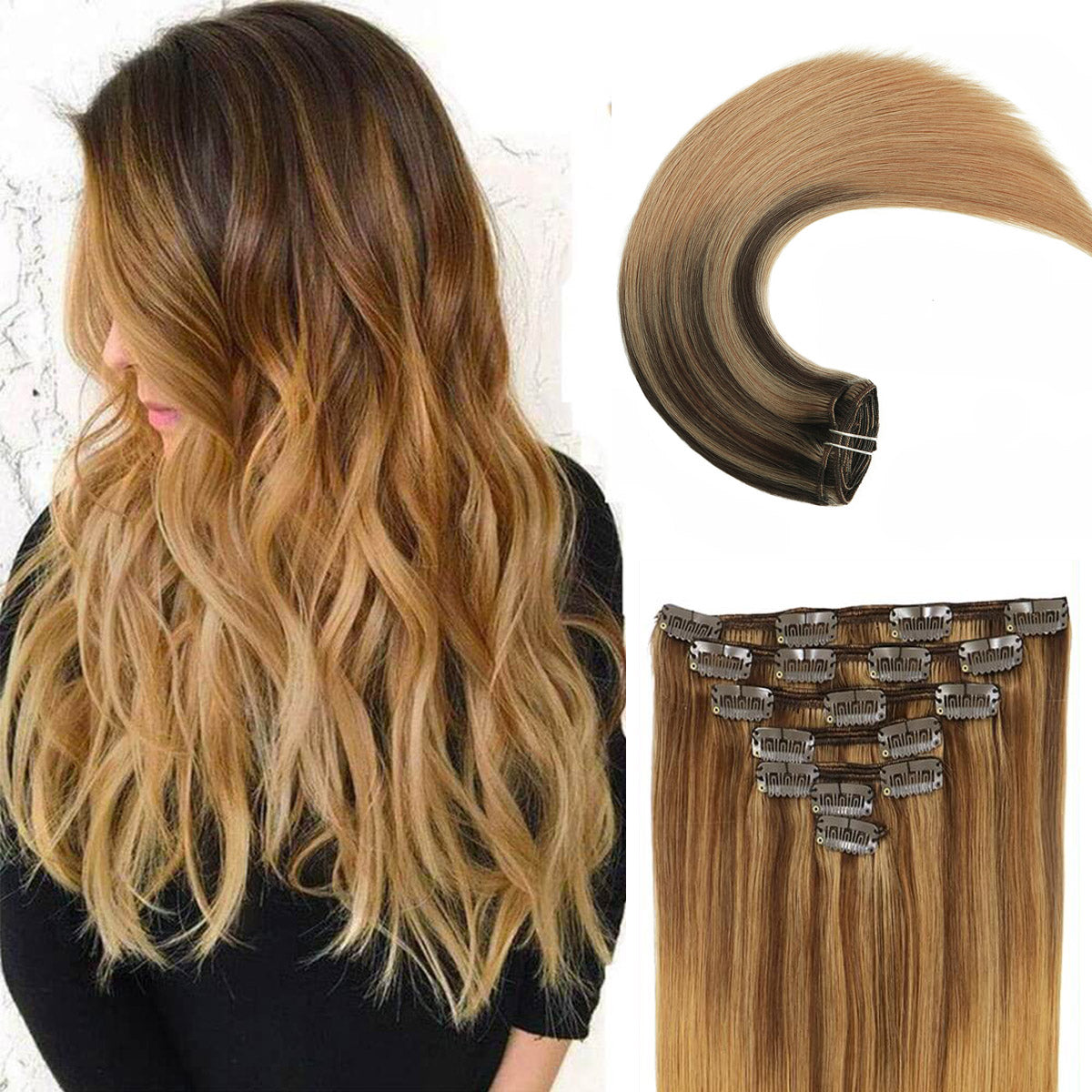 Chocolate Brown With Ash Brown Fading To Honey Blonde Clip In Hair –  Hsuhairextensions