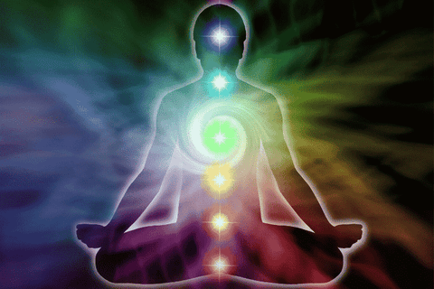 Chakra points and colours shown on sitting figure