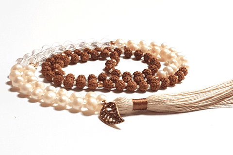 Seeds of Wonder Handmade Wisdom Pearl Quartz and Rudraksha Mala