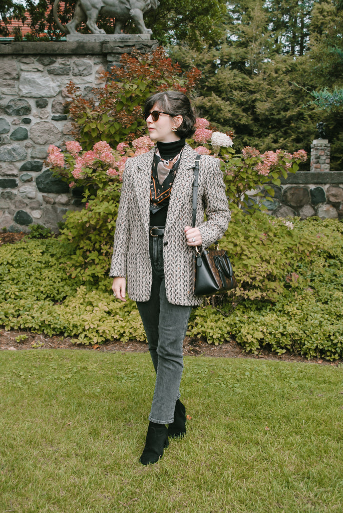 Maria Confer wearing a Fleur Sauvage Silence of the Moths silk scarf