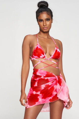 Pink Tie Dye Two Piece Bikini Set with Cover up